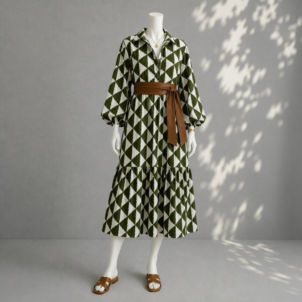 Anthropologie Maeve Bettina Tiered Shirt Dress M Green White Geometric Cotton - Picture 1 of 12